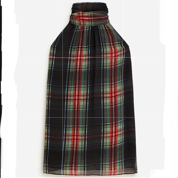 NEW J. Crew Halter Reno Top Neck Tie Stewart Tartan Chiffon Blend Size Large - Picture 3 of 5